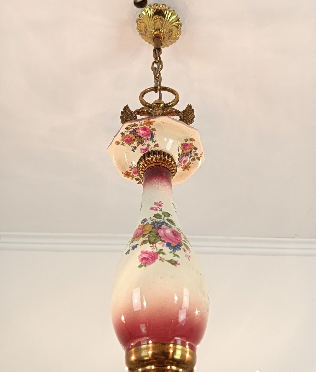 photo for sale Lovely Italian Chandelier Brass With Porcelain Pink Flowers Pattern 6 Lights Vin