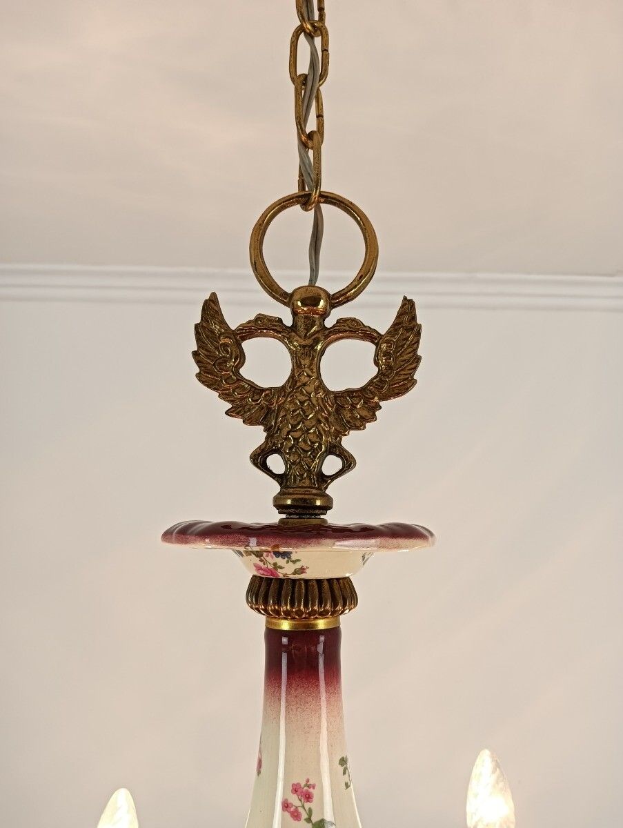 photo buy Lovely Italian Chandelier Brass With Porcelain Pink Flowers Pattern 6 Lights Vin
