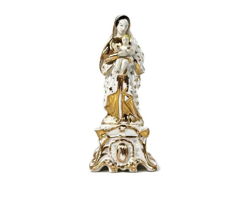 Antique Vieux Paris Figurine Statue Virgin Mary Madonna With Infant Bisque 19th