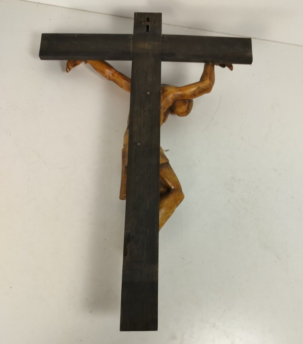 Xl Wood Hanging Crucifix Plaster Hand Made Corpus Van Der Meeren Very Dramatic photo 566.0