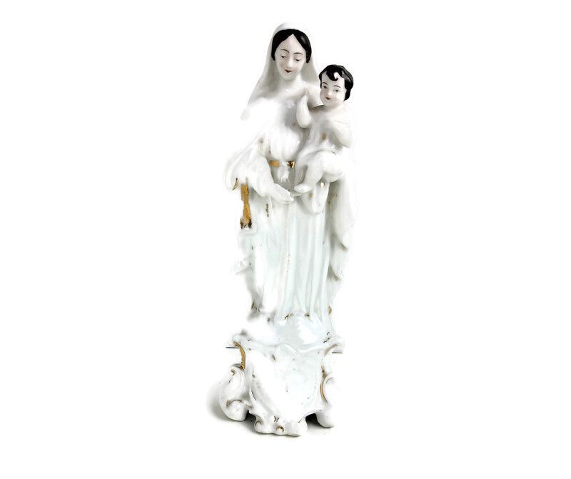 Large Antique 1900 Vieux Paris Porcelain Bisque Statue Virgin Mary Madonna With