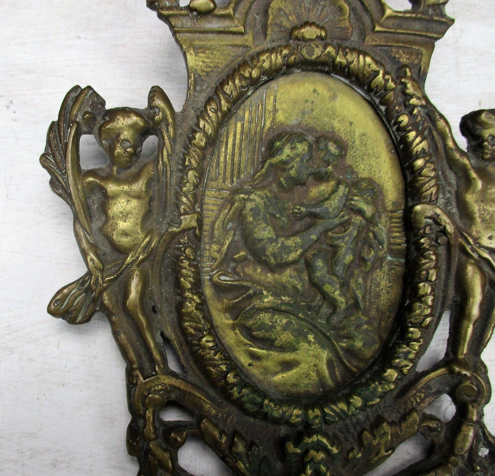 Antique Brass Ornate Plaque Church Virgin Child Angel Collector Wall Hanging Htf photo for sale