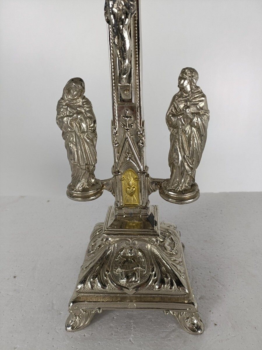Gorgeous Standing Crucifix Silver Plated Calvary Saint John Mary Magdalene Faux photo Art