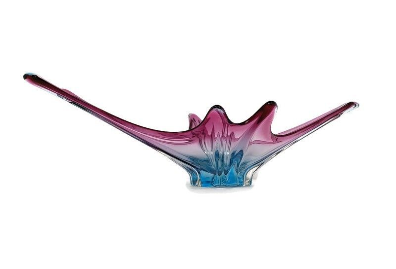 Gorgeous Bowl Dish Centerpiece Blue Cranberry Art Glass Murano Italy Vintage