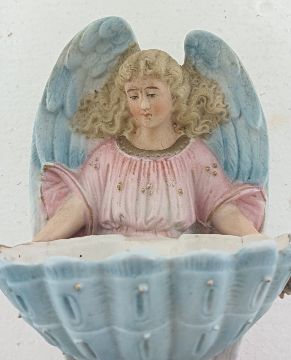 Holy Water Font Vessel Porcelain Antique Neo Gothic Angel Pastel Pink Blue Wall photo furniture