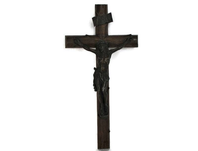 Hand Carved Wood Hanging Crucifix Cross Jesus Christ Ornate Brass Corpus 9.05&Qu