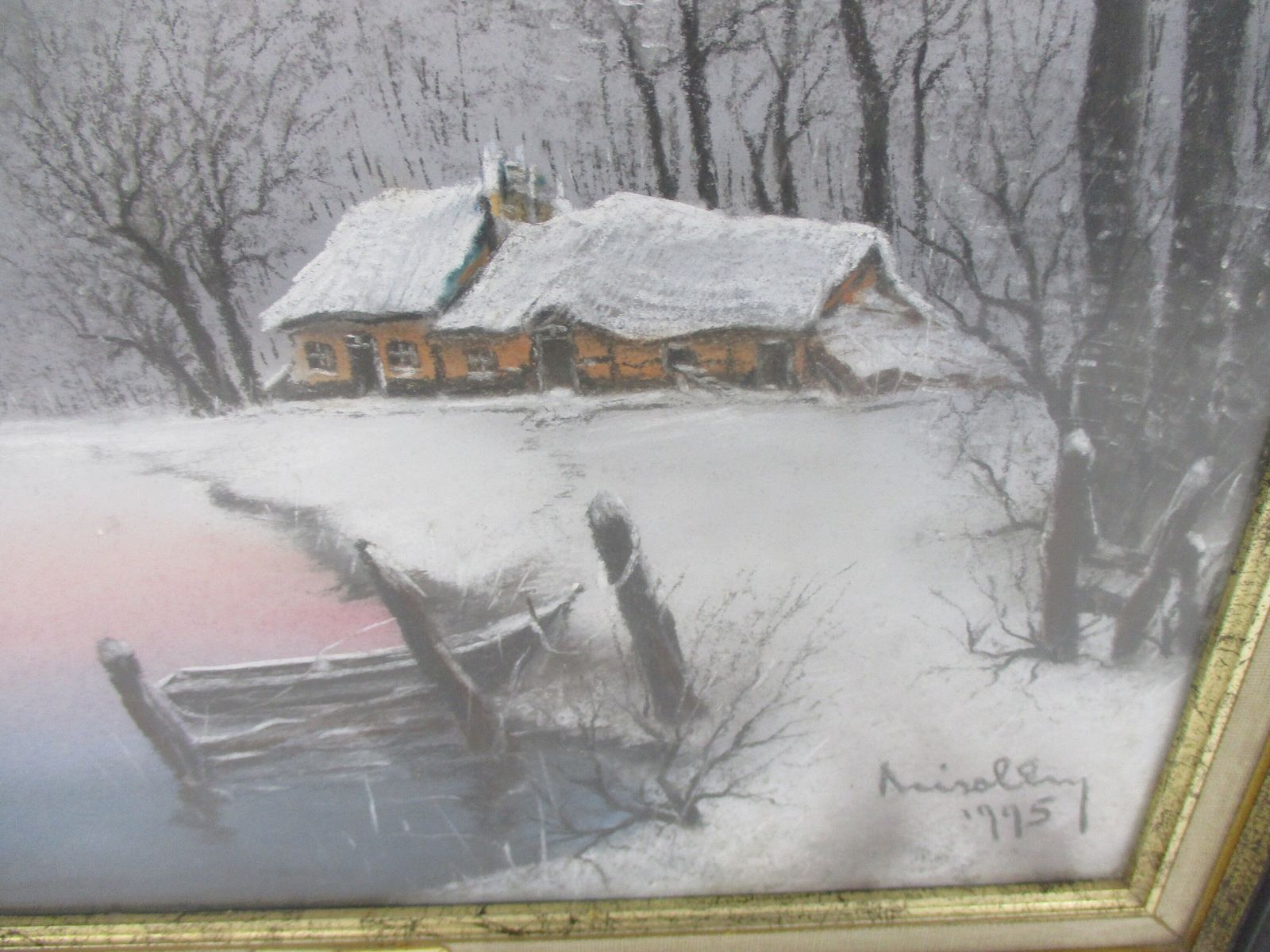Crayon Painting Framed Glass Gorgeous Winter Landscape Signed Emmanuel Nisol Aka photo Art