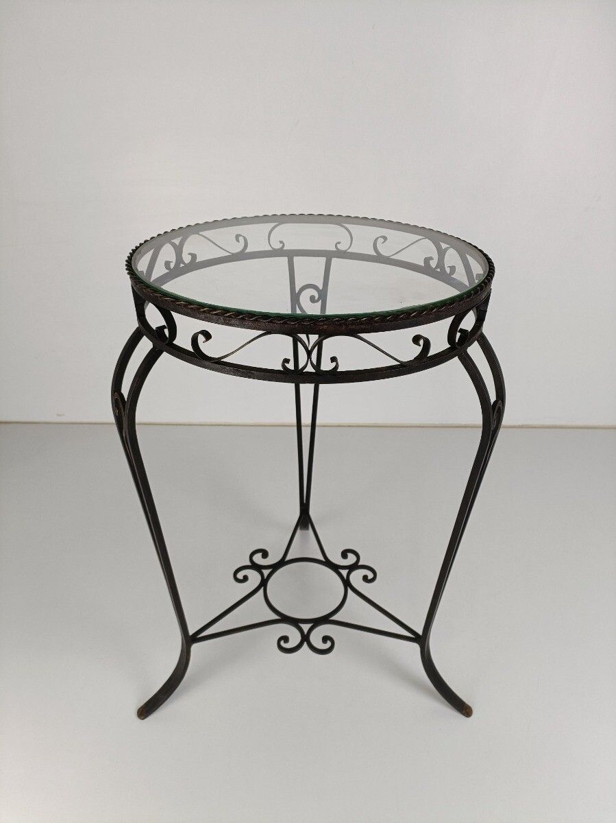 Vintage Wrought Iron Glass Top Side Table Pedestal Plant Stand Bonsai Table Mid photo furniture