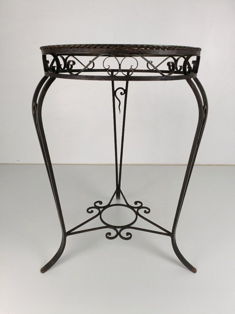 Vintage Wrought Iron Glass Top Side Table Pedestal Plant Stand Bonsai Table Mid photo for sale