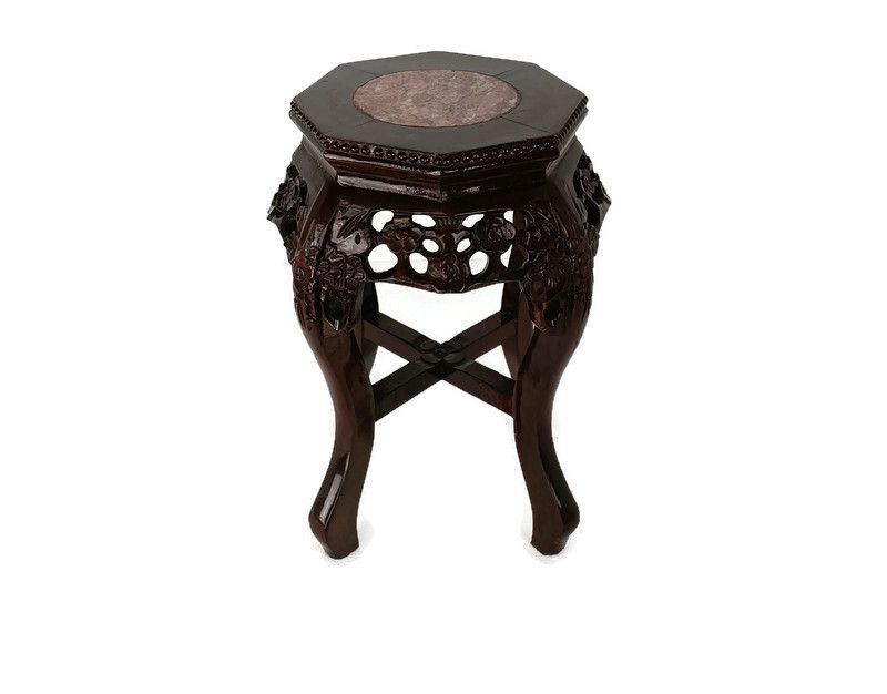 Carved Wood Rosewood Chinese Marble Top Hall Console Bonsai Table Pedestal Tabou