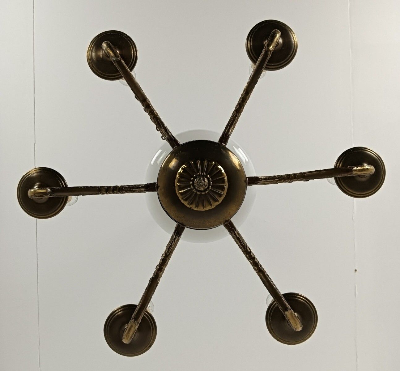 Ornate Brass Chandelier With White Glass Shade Lampe Belge Vintage Empire Style photo vintage