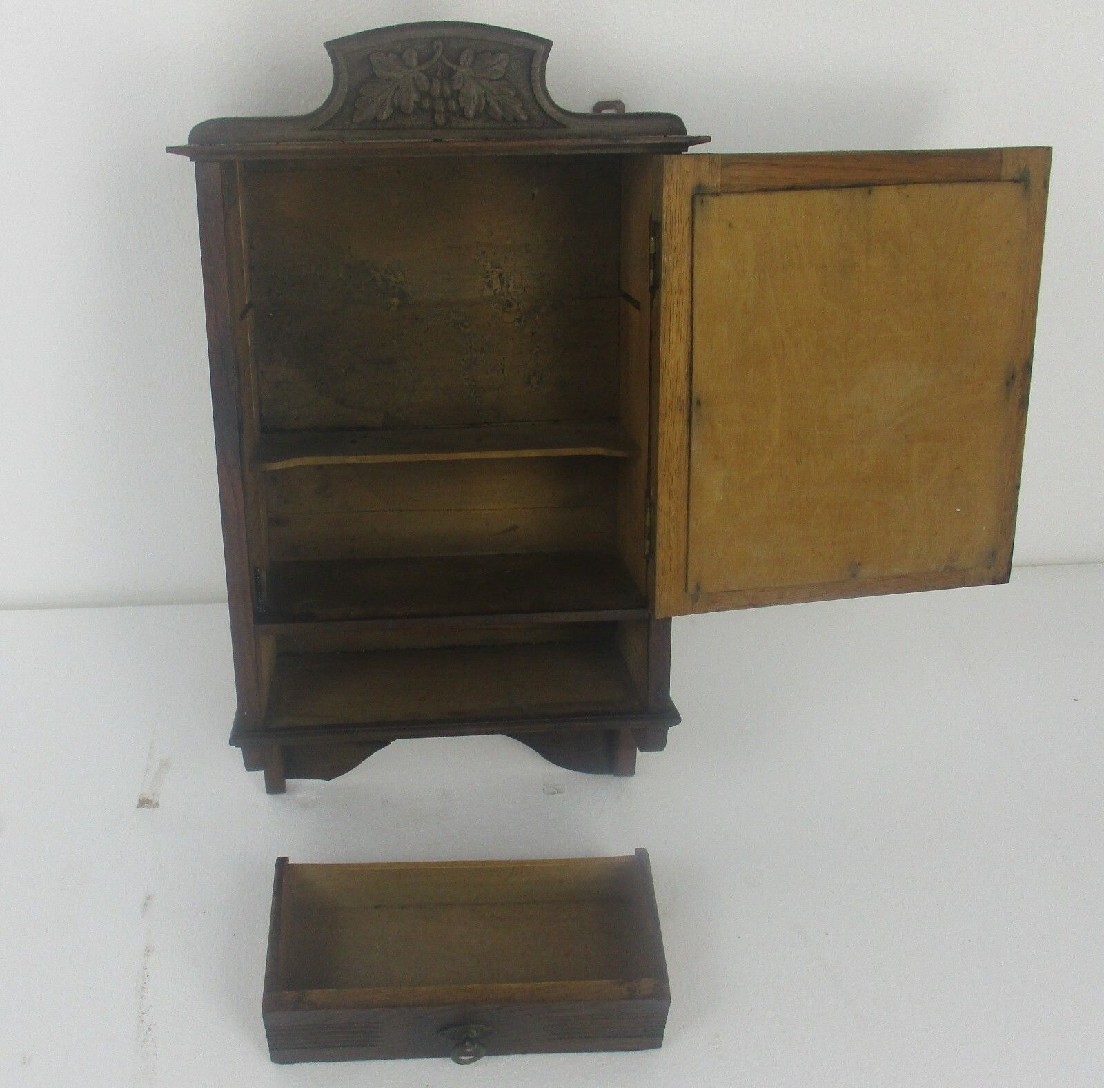 Kitchen Medicine Apothecary  Bathroom Cabinet  Carved Wood Ornate Beveled Glass photo vintage