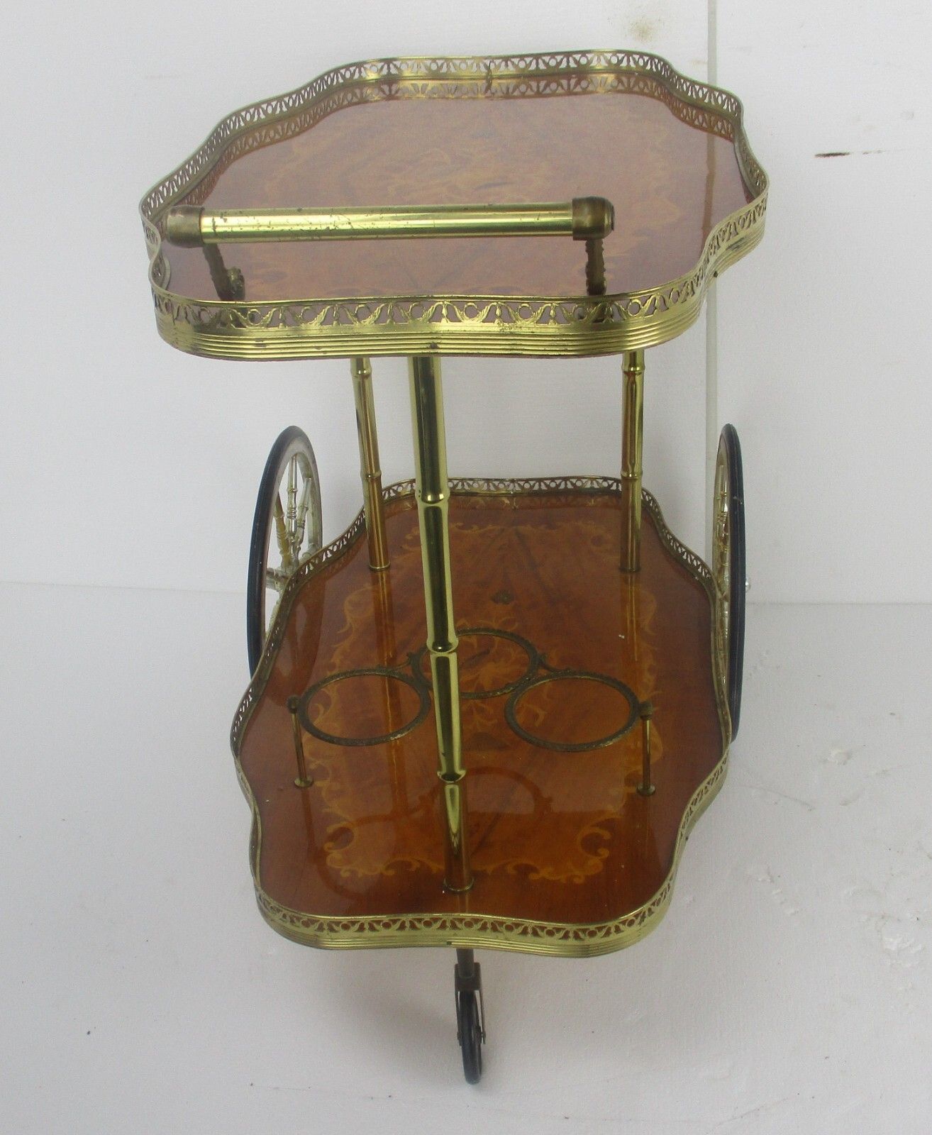 photo furniture Italian Bar Cocktail Tea Cart Trolley Italian Hollywood Regency Marquetry Inlay