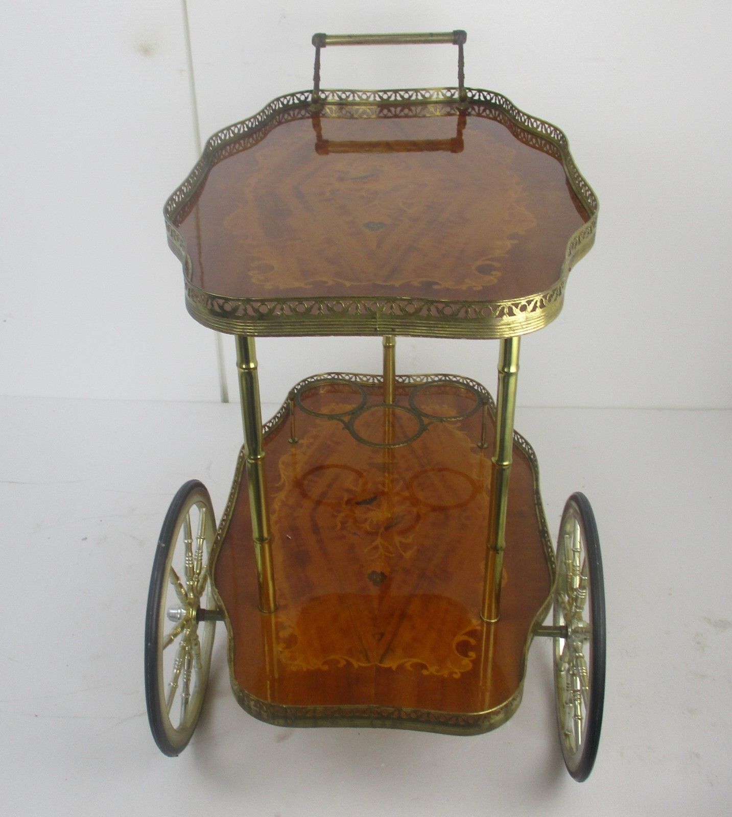 photo for sale Italian Bar Cocktail Tea Cart Trolley Italian Hollywood Regency Marquetry Inlay