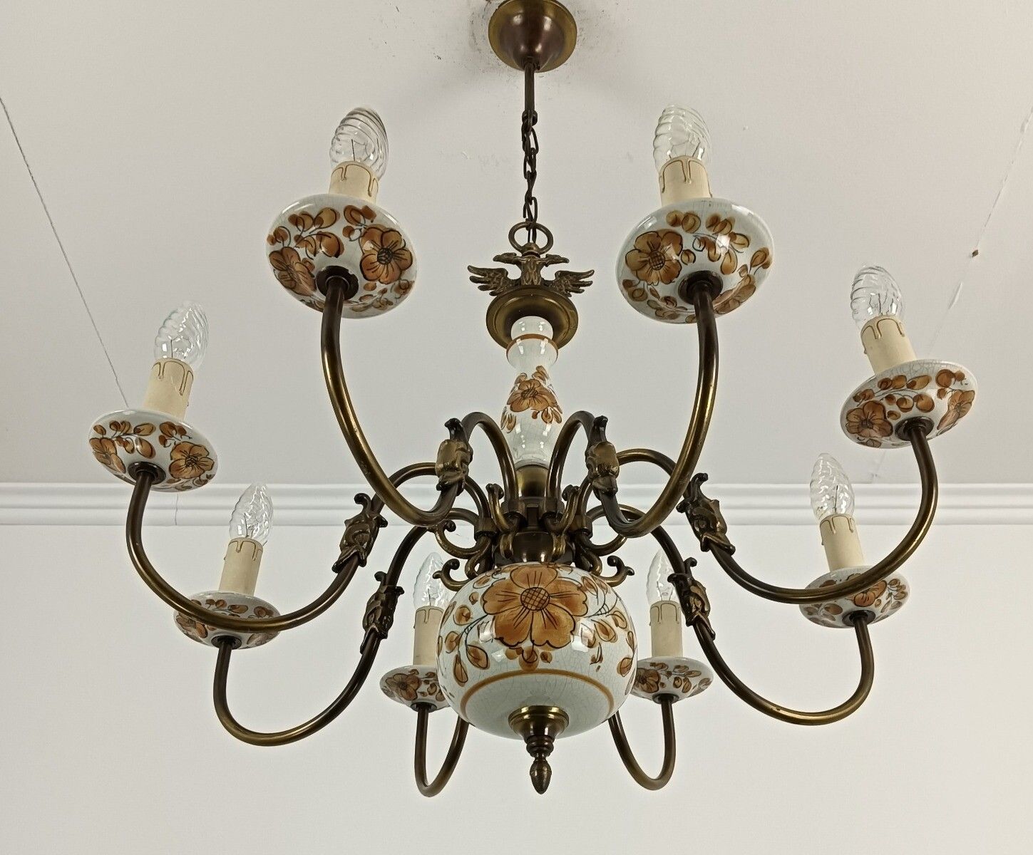 Chandelier Pottery Faience Porcelain Brass Flemish Dutch Style Eagles Polychrome photo for sale