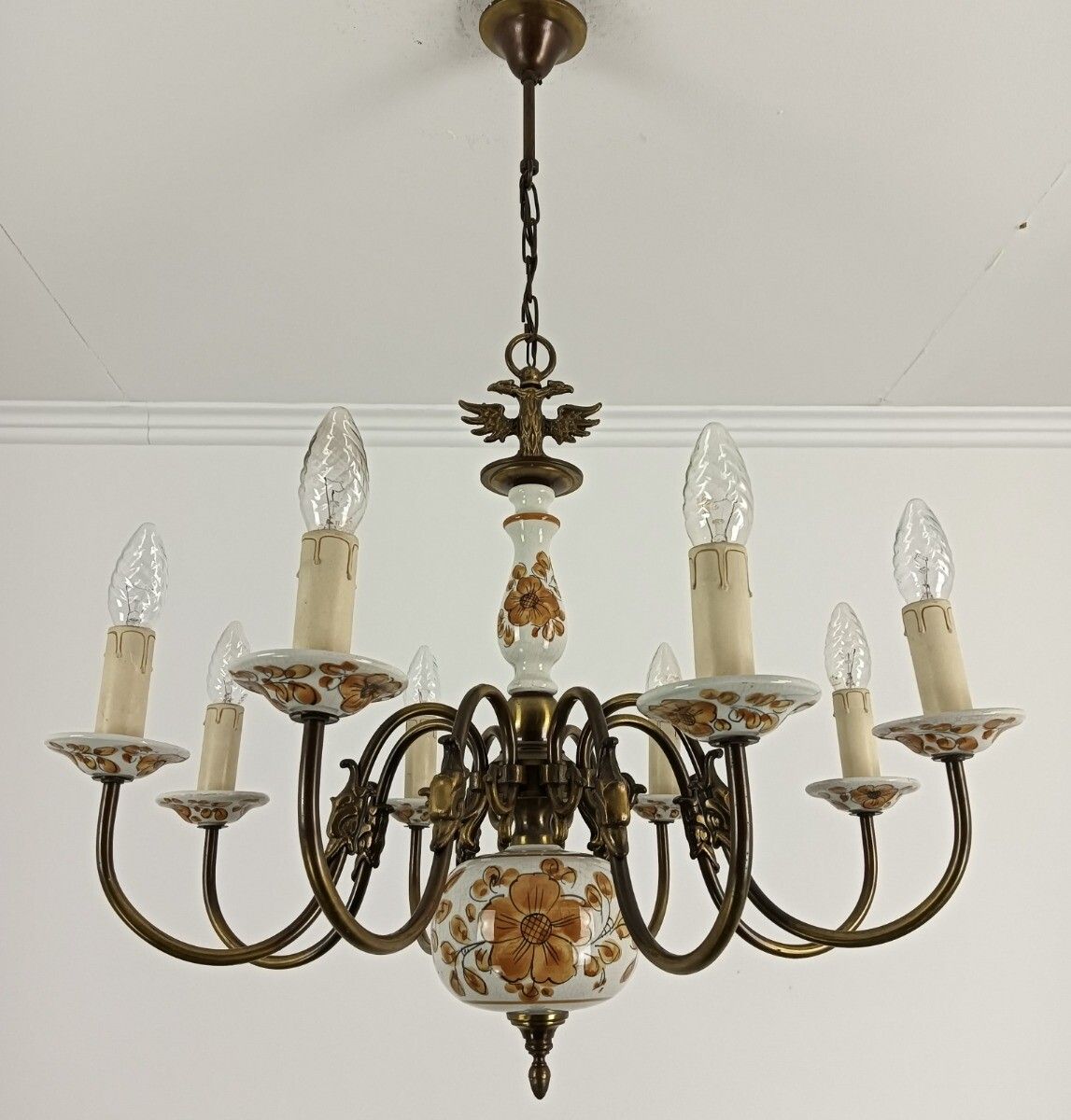 Chandelier Pottery Faience Porcelain Brass Flemish Dutch Style Eagles Polychrome photo vinterior