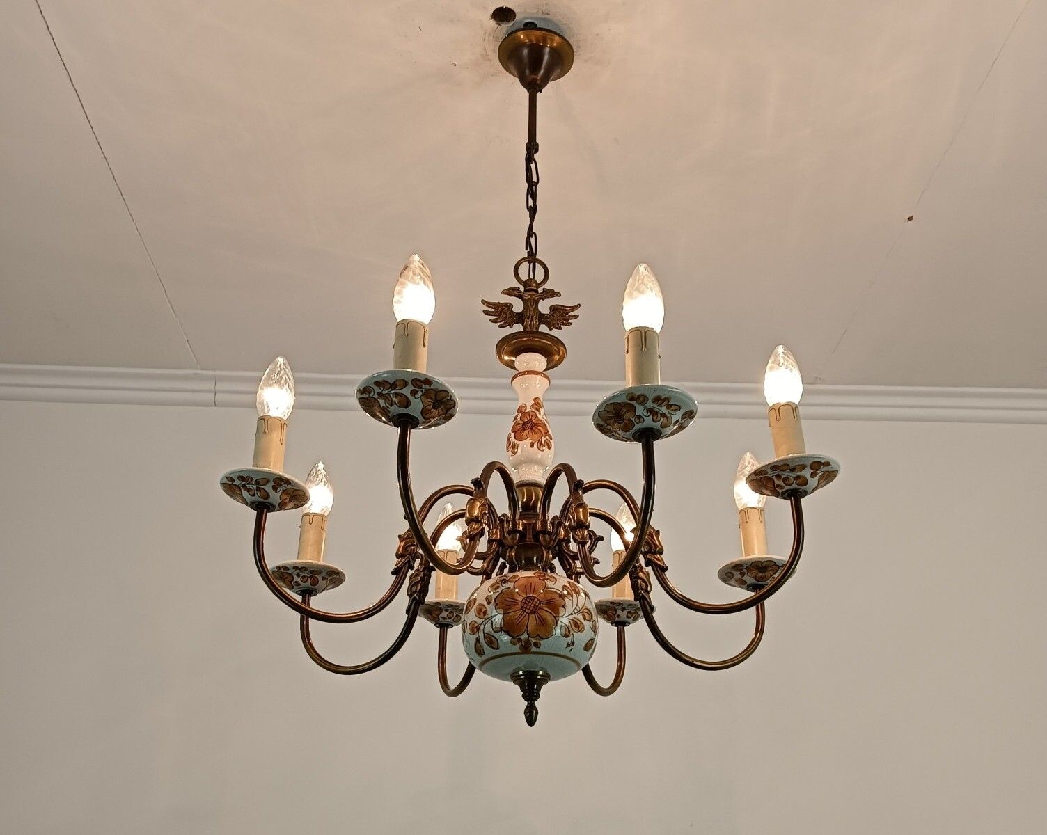 Chandelier Pottery Faience Porcelain Brass Flemish Dutch Style Eagles Polychrome photo buy