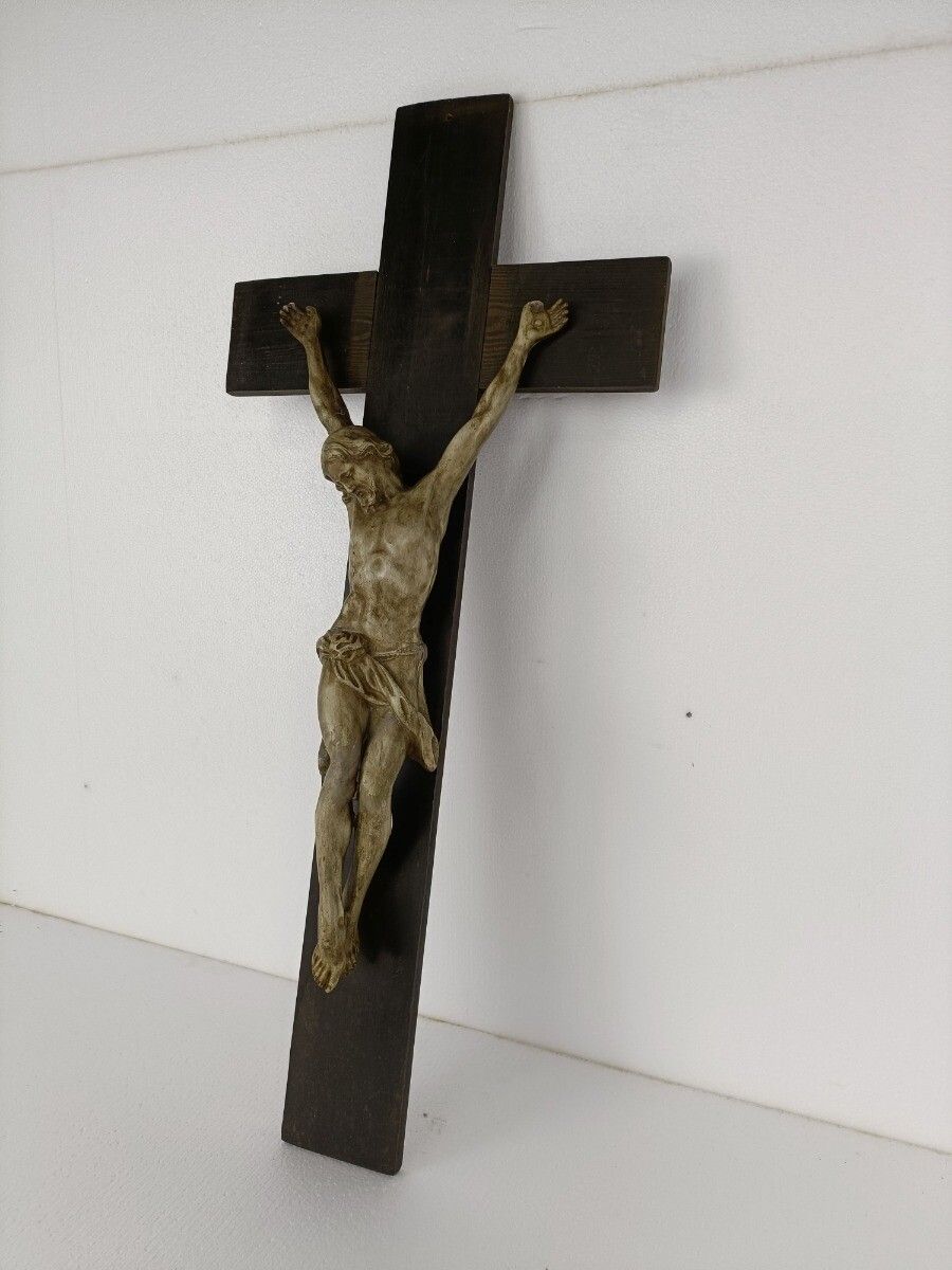 Xl Wood Hanging Church Crucifix Plaster Dramatic Corpus Piece Of Art Chapel Vint photo Art