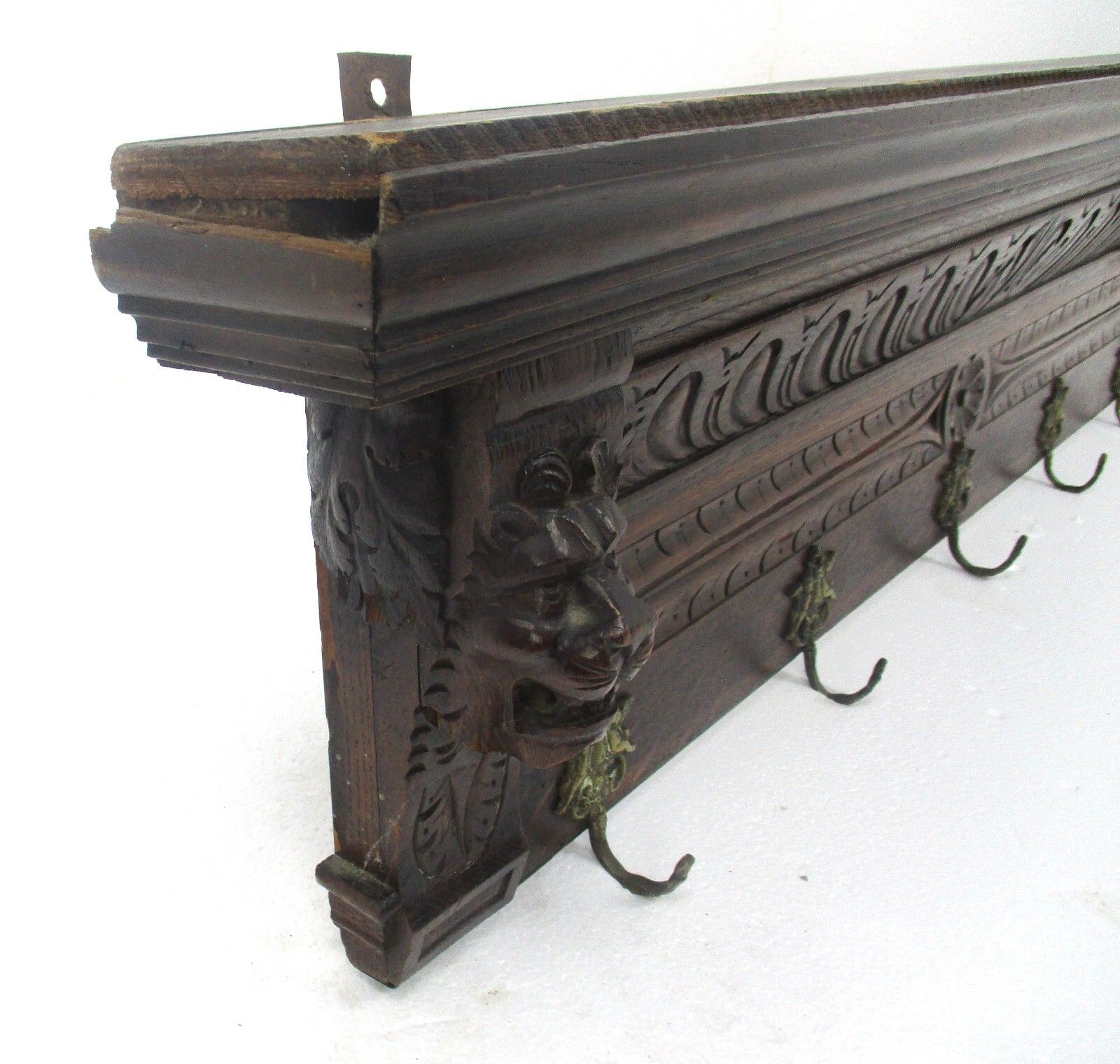 Hand Carved Wood Oak Coat Hat Kitchen Hallway Rack Ornate Lion Heads Wow Xl photo for sale