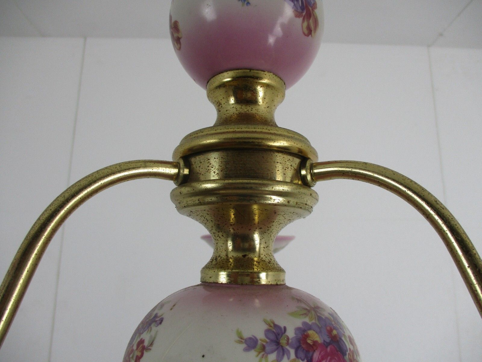 Romantic Chandelier 3 Arm Brass Pink Porcelain Flowers Mid Century Modern Italy photo 204.0
