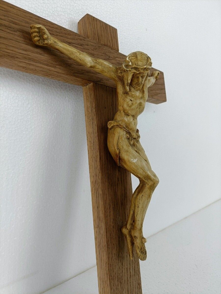 Xl Wooden Hanging Church Crucifix Plaster Dramatic  Corpus Piece Of Art photo vintage