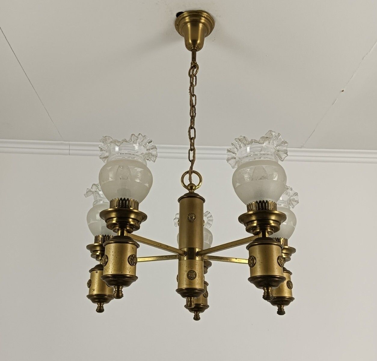 Italian Chandelier Vintage Brass Frosted Glass 5 Lights Very Special Fixture photo vintage