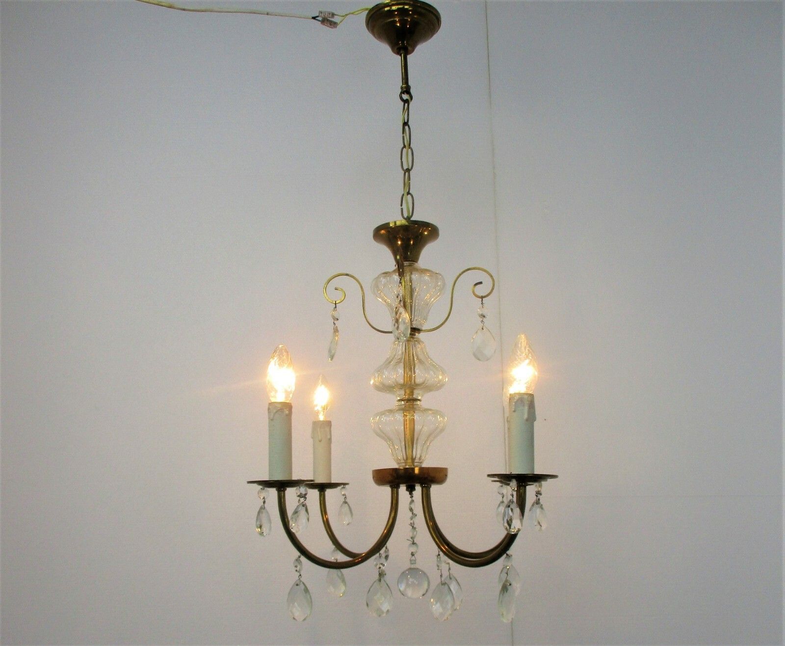 French Chandelier 4 Arms Lights Brass Prisms Hollywood Regency Marie Therese photo furniture
