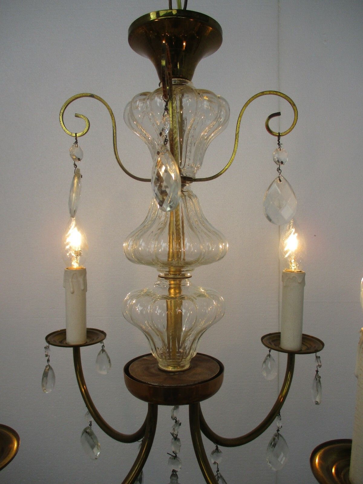 French Chandelier 4 Arms Lights Brass Prisms Hollywood Regency Marie Therese photo Lighting