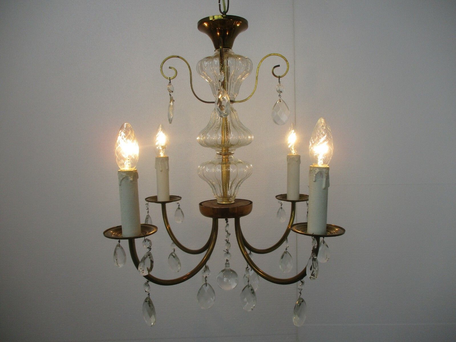 French Chandelier 4 Arms Lights Brass Prisms Hollywood Regency Marie Therese photo 223.0