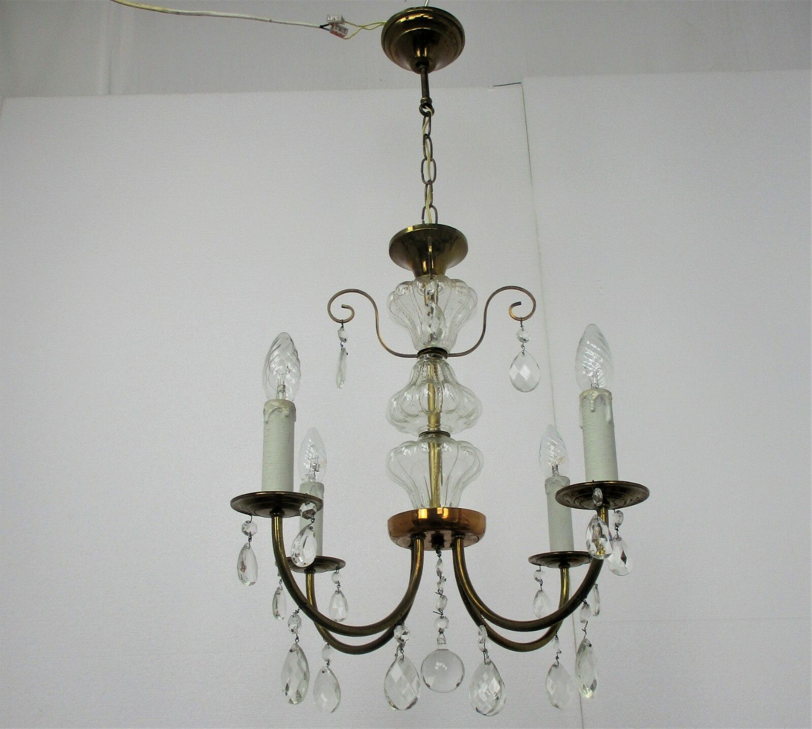 French Chandelier 4 Arms Lights Brass Prisms Hollywood Regency Marie Therese photo buy