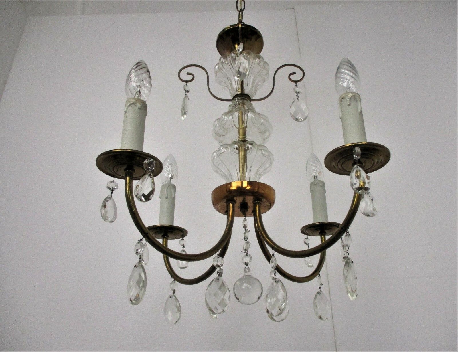 French Chandelier 4 Arms Lights Brass Prisms Hollywood Regency Marie Therese photo vintage