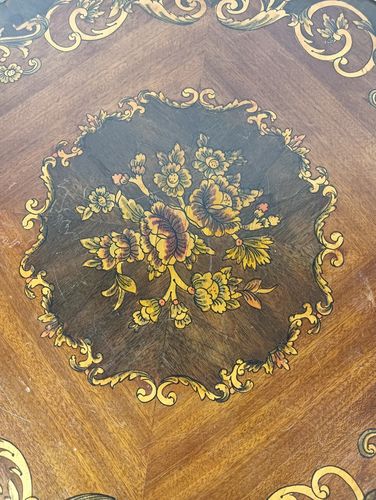 Round Italian Marquetry Wood Inlay Brass Trims Side Coffee Table Baroque Style V photo vinterior