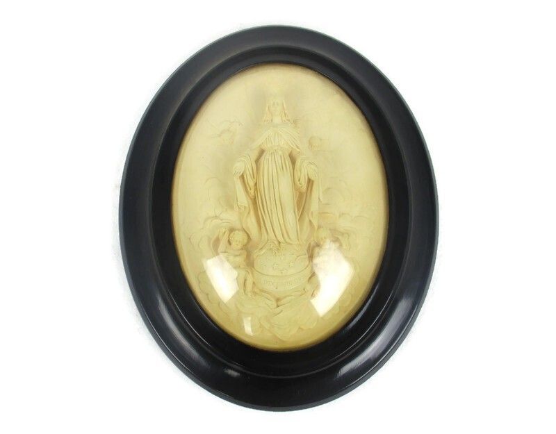 Antique Ornate Frame  Convex Glass Dome Wood Virgin Mary Ascension Htf Collector