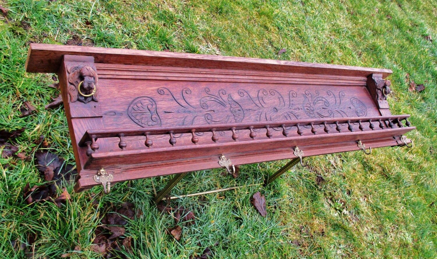 Antique 20th Century Flemish Carved Oak Coat Hat Rack Lion Heads Amazing