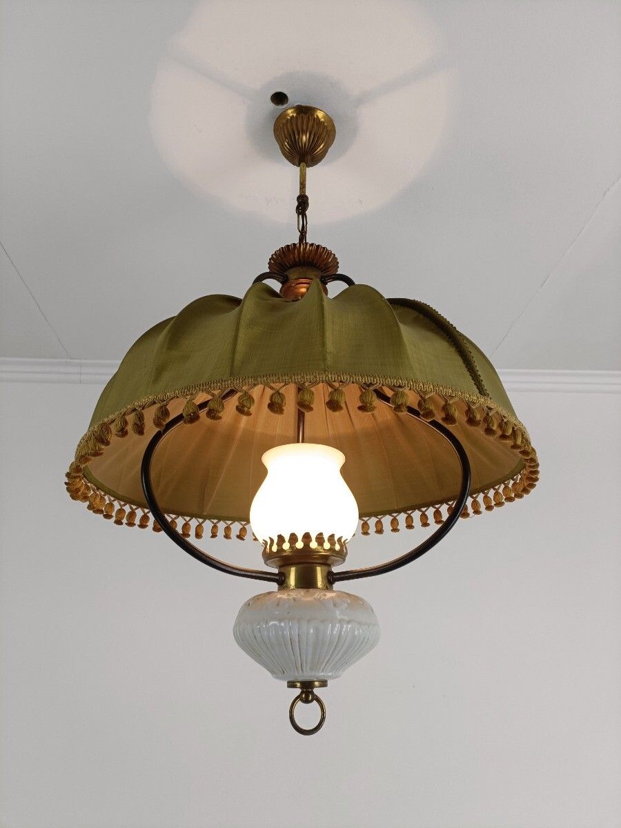 Special Chandelier Pendant Brass Glass Porcelain Fabric Antique 1 Light Fixture photo furniture