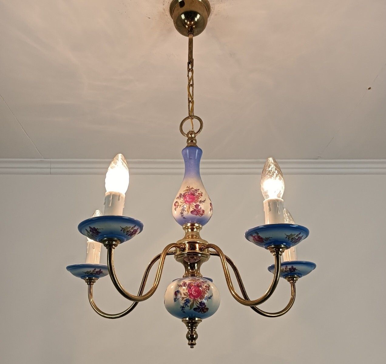 Italian Small Chandelier Porcelain Polychrome 5 Lights Arms Lovely Romantic Vint photo buy