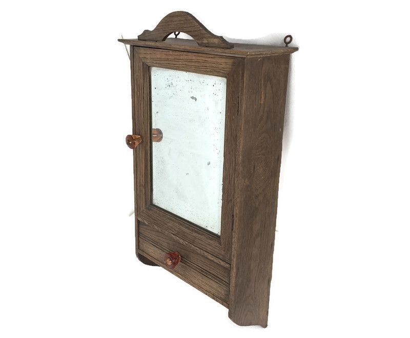 Art Deco Medicine Apothecary Cabinet Wall Hanging Beveled Glass Oak Kitchen Bath