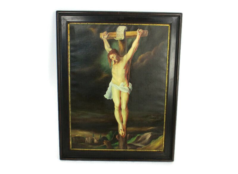 19th C Religious Scene Painting Oil On Canvas Crucifixion Framed Deknudt Wow