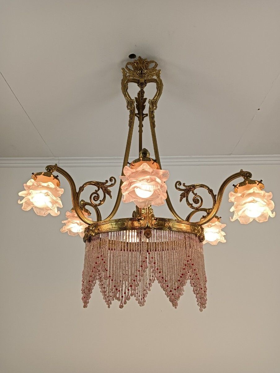 Bohemian Chic Bronze Dore Brass Chandelier Spaghetti Prisms Flower Shades 6 Ligh photo furniture