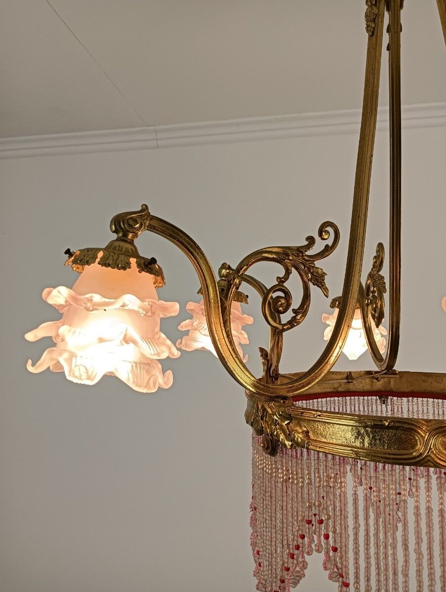 Bohemian Chic Bronze Dore Brass Chandelier Spaghetti Prisms Flower Shades 6 Ligh photo Lighting