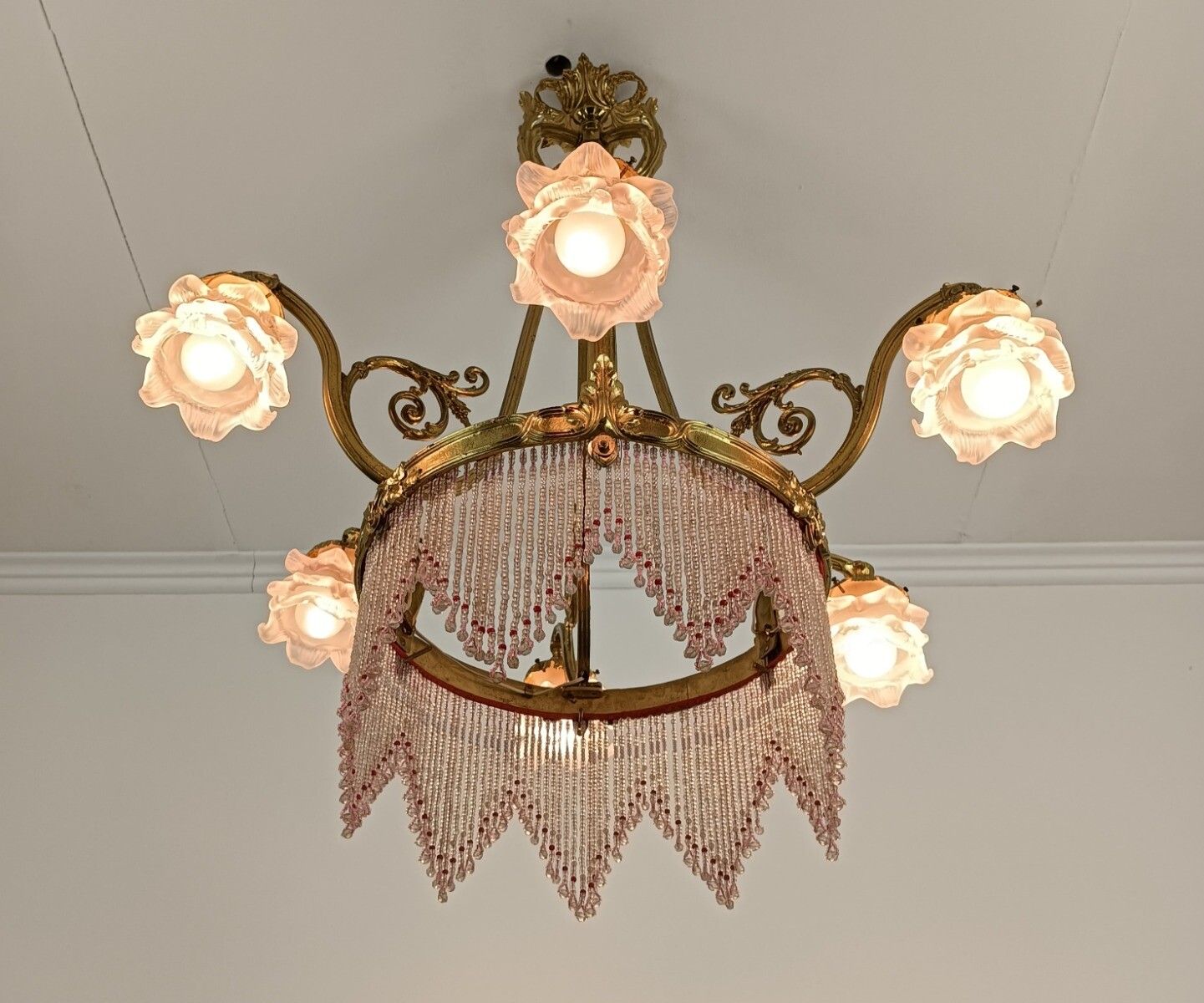 Bohemian Chic Bronze Dore Brass Chandelier Spaghetti Prisms Flower Shades 6 Ligh photo vintage