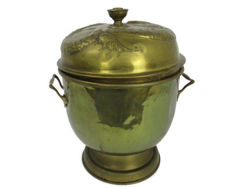 Vintage Gothic  Brass Coal Tinder Kindling Scuttle  Brass Kettle With Lid Dragon