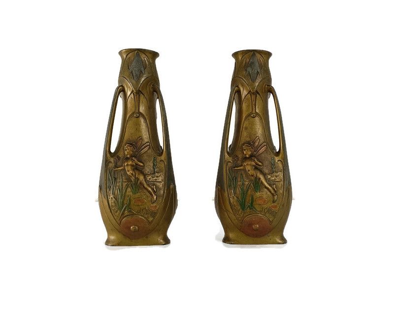Art Nouveau Fairy Vase Pair By Jean Garnier, French Antique Jugendstil Signed