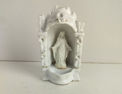 Antique Rare Standing Holy Water Font Vessel Our Lady Madonna Virgin Mary Bisque