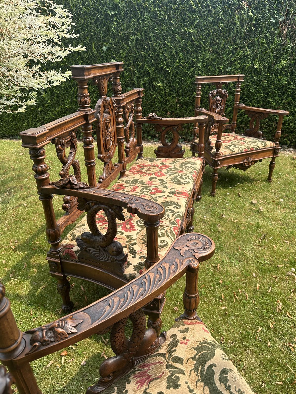 Superb Antique French Sofa & Chairs Set Neo Renaissance Figural / Fabric /Carved photo for sale