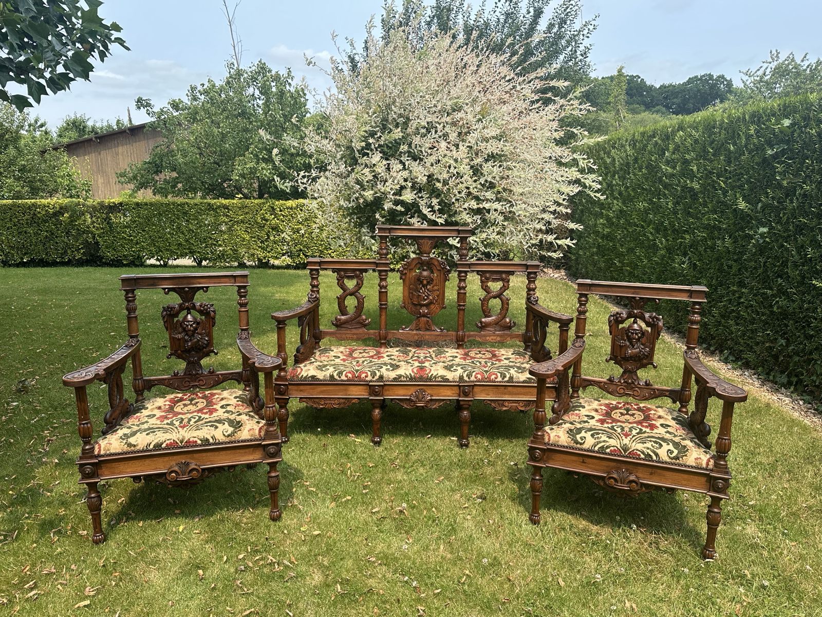 Superb Antique French Sofa & Chairs Set Neo Renaissance Figural / Fabric /Carved