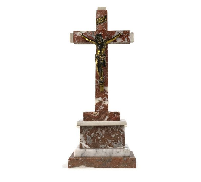 Antique Art Deco Ornate Marble Onyx Jesus Christ Cross Cross Table Standing Cruc