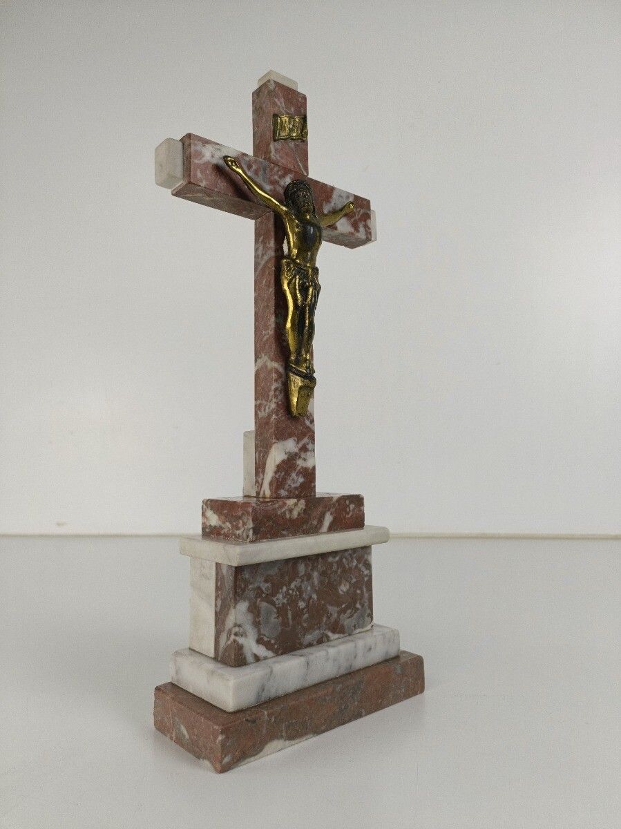 Antique Art Deco Ornate Marble Onyx Jesus Christ Cross Cross Table Standing Cruc photo 202.0