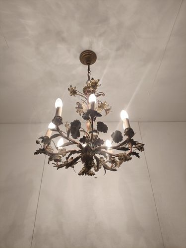 Antique Chandelier Pendant Ornate Brass Leafs Fixture Hollywood Regency Style photo for sale