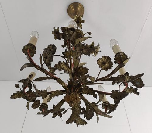 Antique Chandelier Pendant Ornate Brass Leafs Fixture Hollywood Regency Style photo buy